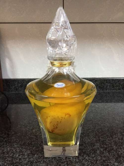 Slovenian pear in brandy in Rogaska Crystal bottle with stopper